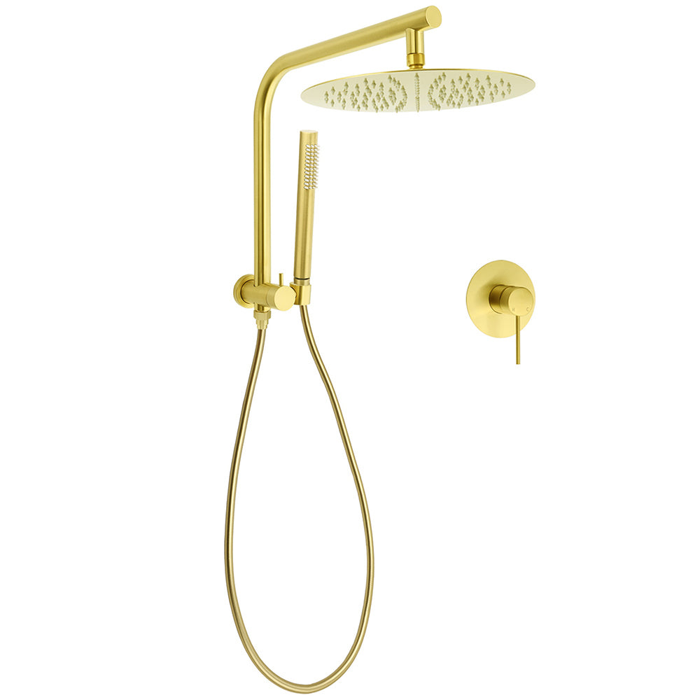 Brushed Gold Round Large 12" Rain Shower Head Stainless Steel Spray Handheld Wall Arm Mixer Set