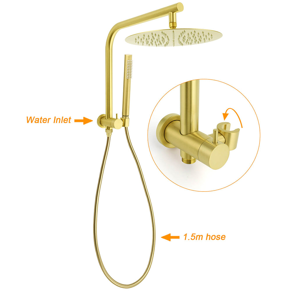 Brushed Gold Round Large 12" Rain Shower Head Stainless Steel Spray Handheld Wall Arm Mixer Set
