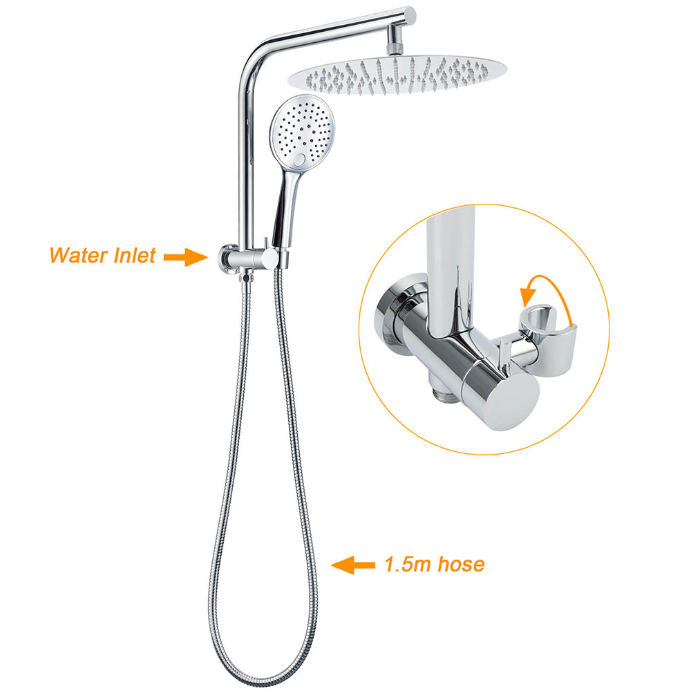 WELS 2in1 Round 12" Shower Head 3 Mode Handheld Gooseneck Arm Diverter Set Drill Free + Taps