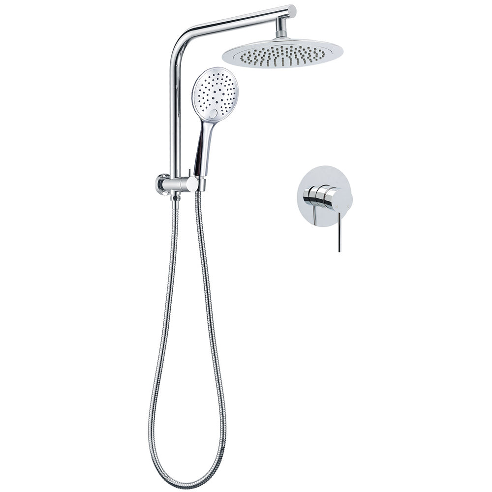 WELS Round 9" Twin Shower Head 3 Mode Handheld Gooseneck Wall Arm 2 in 1 Combo Mixer Set