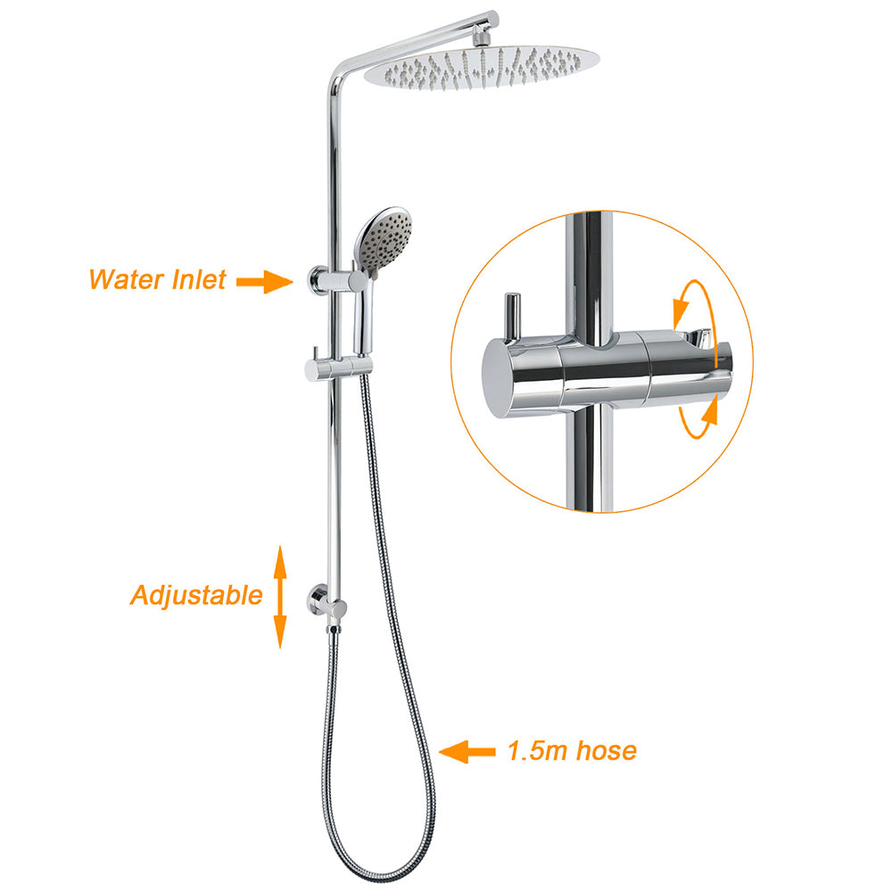 Chrome Dual Shower 12" Slim Rain Head 5 Modes Handheld Sliding Rail Inbuilt Diverter