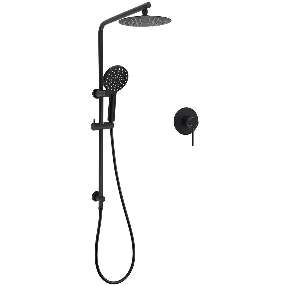 WELS Matt Black Round 2in1 8" Shower Head Sliding Rail Arm 3 Modes Handheld Mixer Set