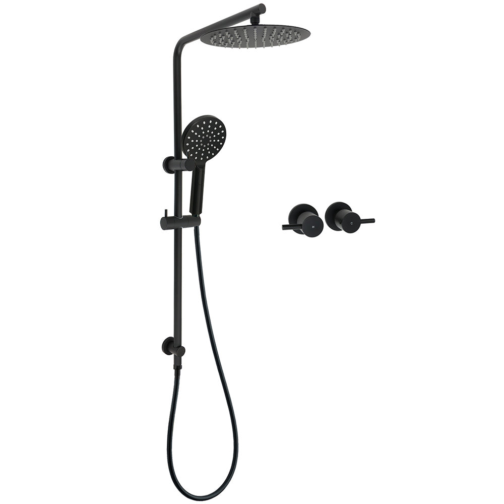 WELS Matt Black 10" Shower Rain Head Handheld Silde Wall Arm Rail Dual Set Twin Taps