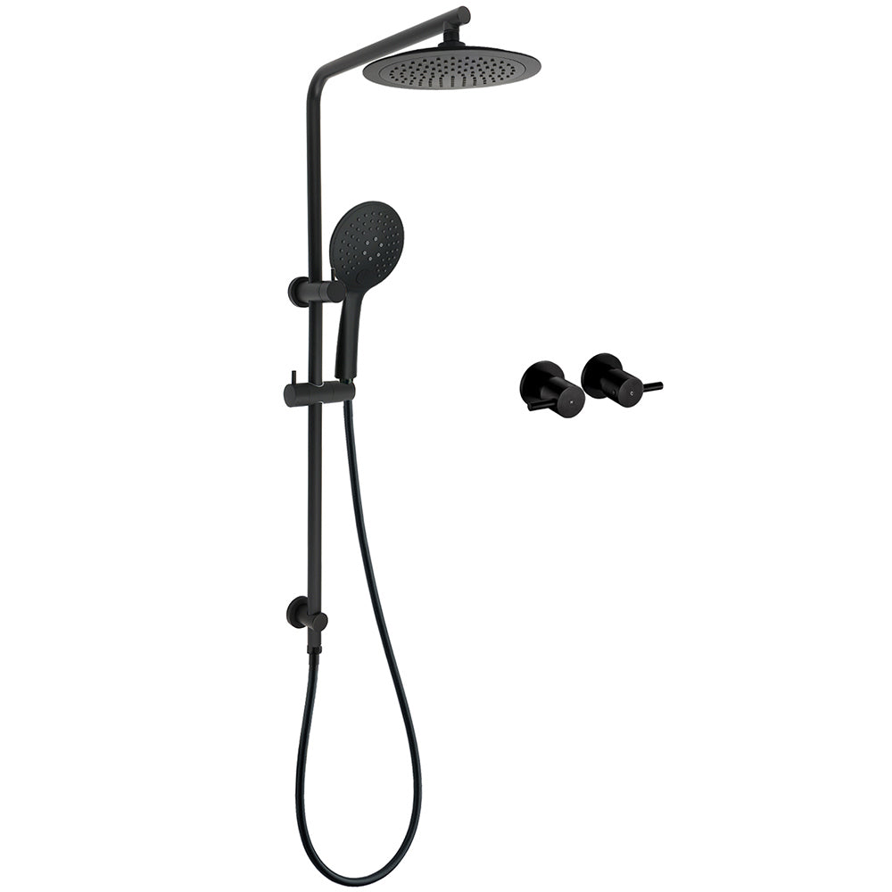 Matt Black Round 9" Rainfall Head Handheld Sliding Rail Wall Arm Dual Shower Taps Set
