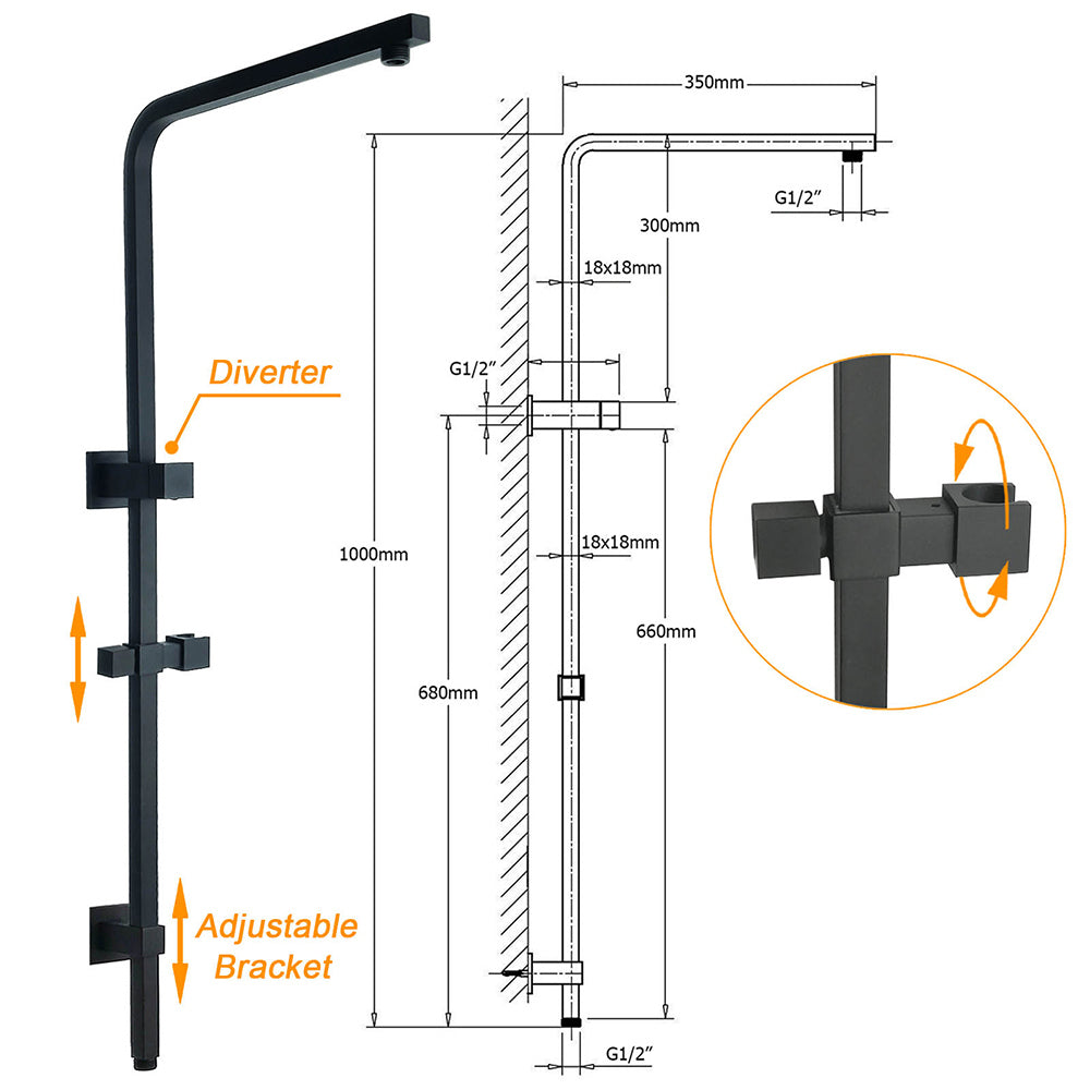 WELS Matt Black 8" Rainfall Shower Head 3 Modes Handheld Wall Rail Arm 2in1 Set