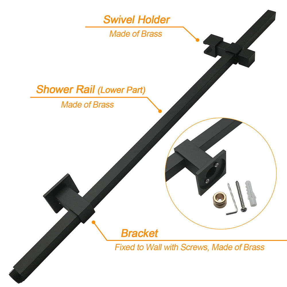 WELS Matt Black 8" Rainfall Shower Head 3 Modes Handheld Wall Rail Arm 2in1 Set