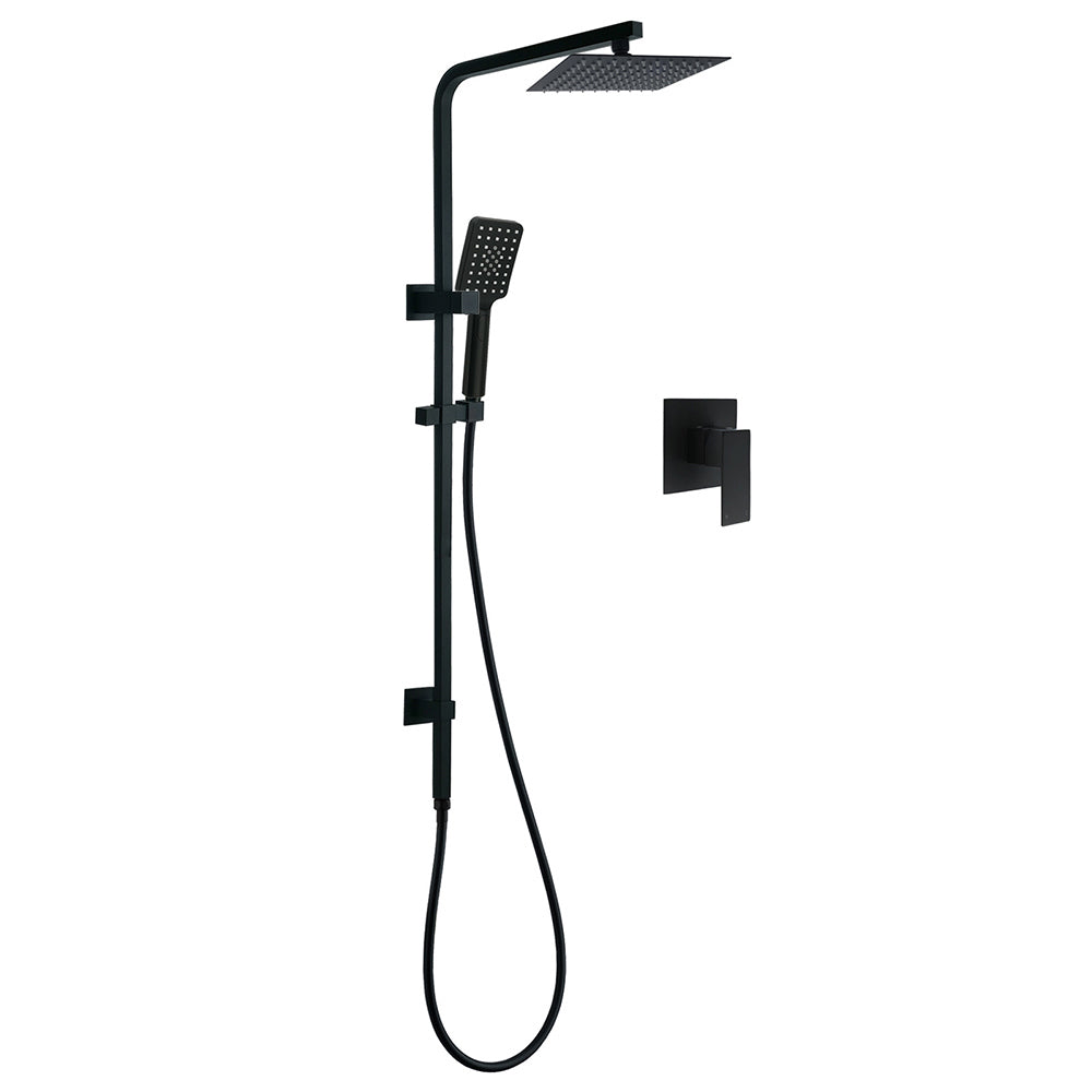 WELS Matt Black 8" Rainfall Shower Head 3 Modes Handheld Wall Rail Arm 2in1 Mixer Set