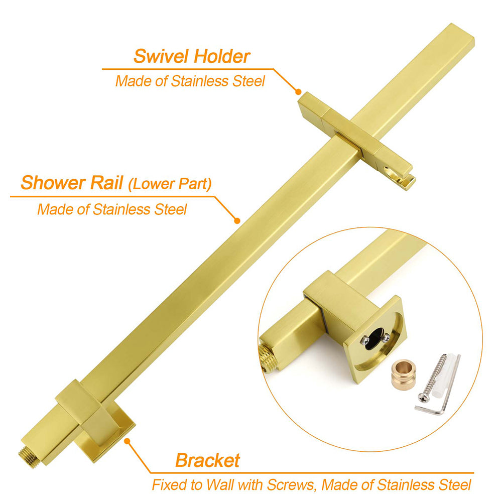WELS Brushed Gold Square Shower 10" Thin Rain Head Handheld Silde Rail Arm 2in1 Taps Set