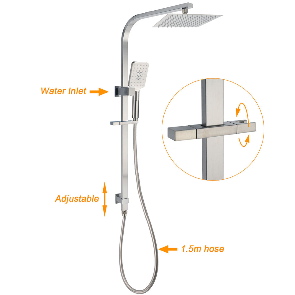 Brushed Nickel Square Twin Shower Set 8" Rain Head 3 Modes Handheld Silding Rail Mixer