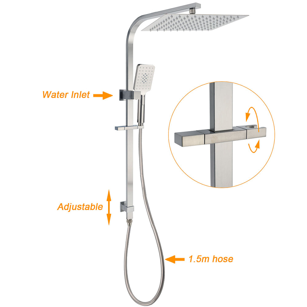 Brushed Nickel Square Twin Shower Set 12" Rain Head 3 Modes Handheld Silding Rail Wall Mixer