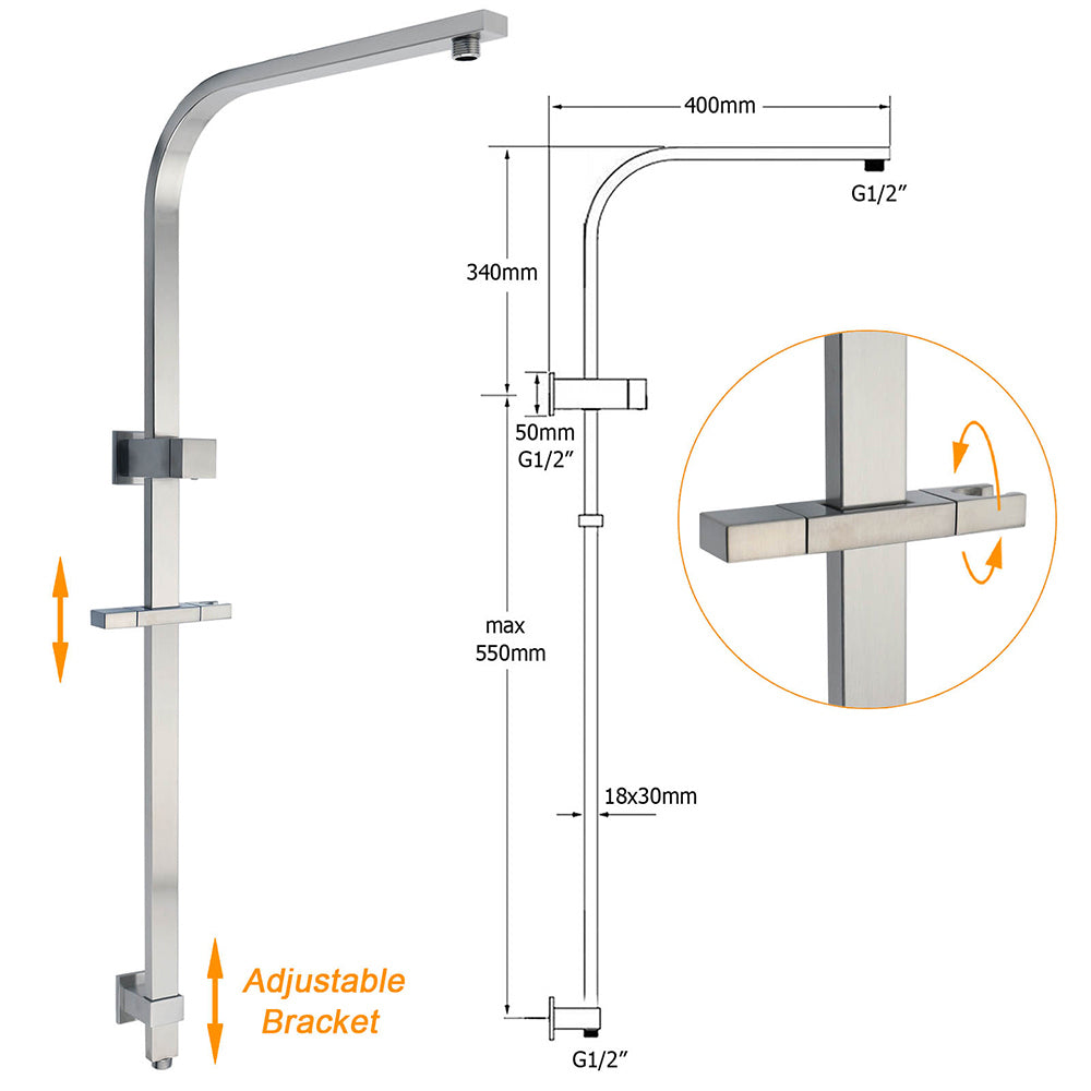 Brushed Nickel Square Twin Shower Set 12" Rain Head 3 Modes Handheld Silding Rail Wall Mixer