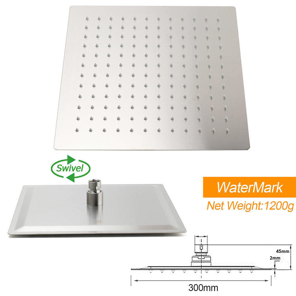 Brushed Nickel Square Twin Shower Set 12" Rain Head 3 Modes Handheld Silding Rail Wall Mixer