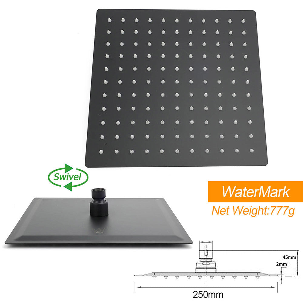 WELS Matt Black 2in1 Shower Set 10" Square Rain Head Handheld Silde Rail Arm Twin Taps