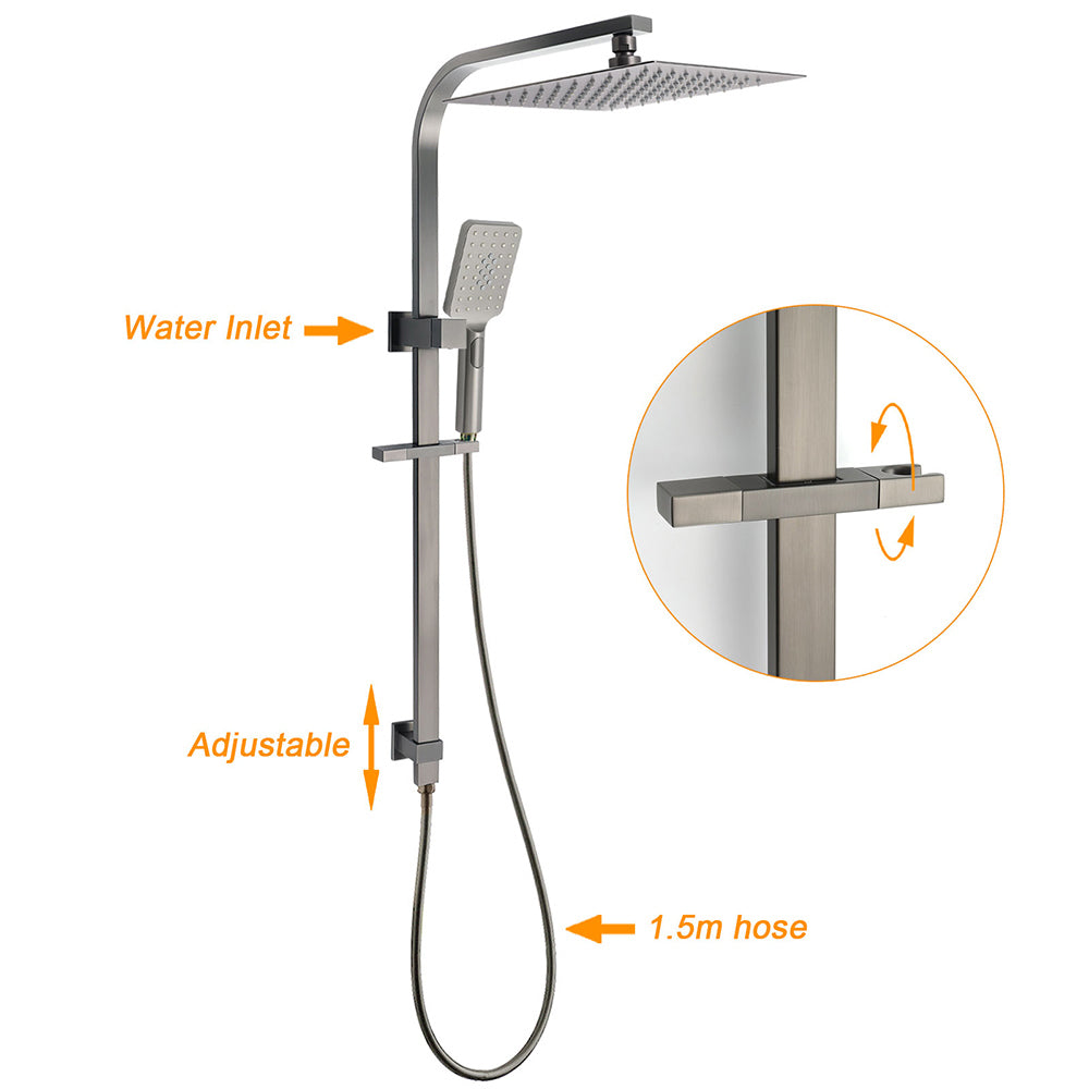 WELS Gun Metal Double Square Shower Head Set 12" Rain Handheld Sliding Rail 2 Way Switch