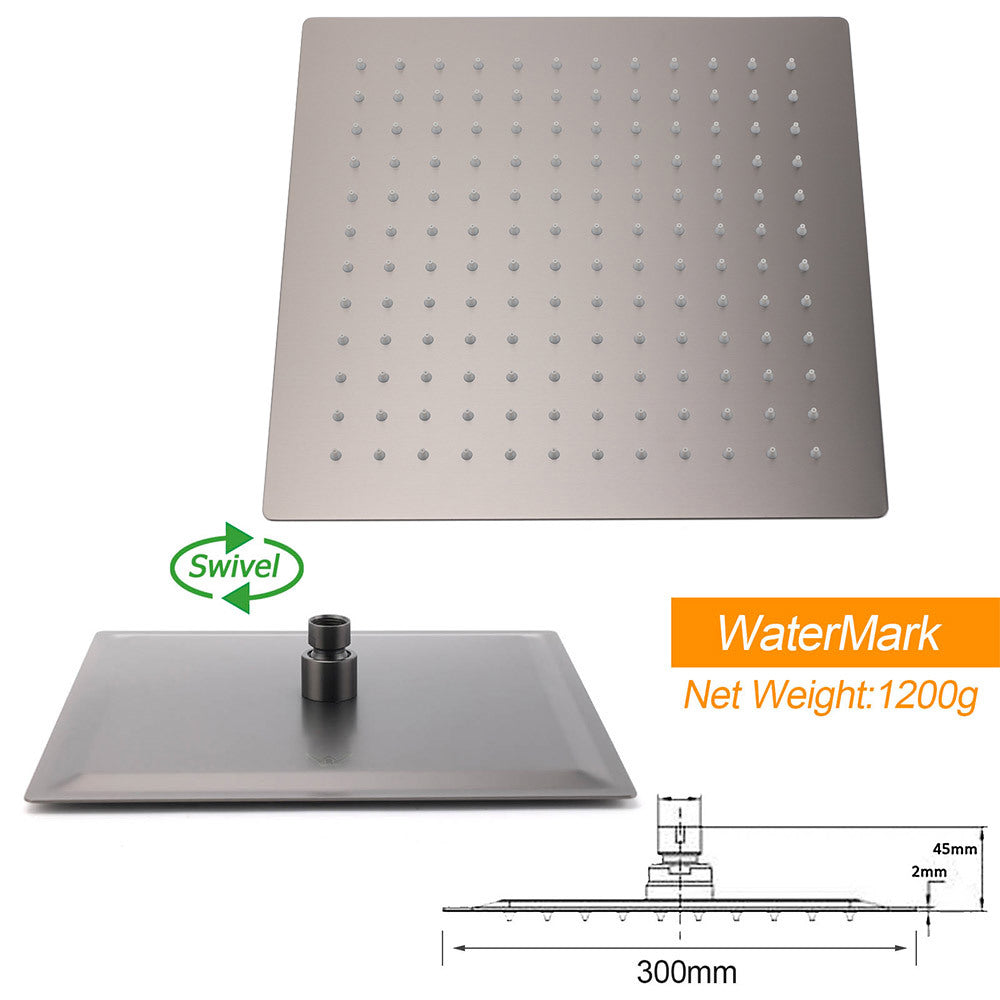 WELS Gun Metal Double Square Shower Head Set 12" Rain Handheld Sliding Rail 2 Way Switch