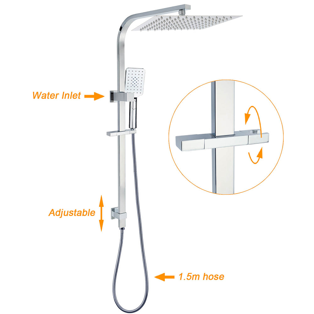 Chrome Twin Square Shower Set 12" Rain Shower Head 3 Function Handheld Rail Arm Taps