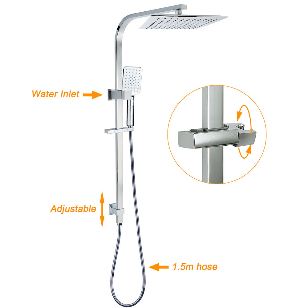 WELS 2IN1 Square Shower Head Set 10" Rain Handheld Sliding Rail Arm Inbuilt Diverter