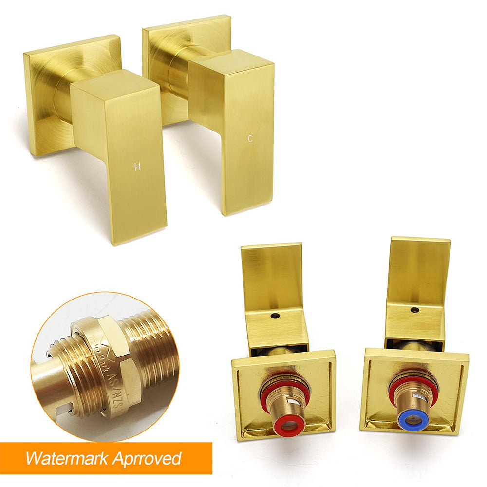 Brushed Gold Square 1/4 Turn Twin Taps Brass For Shower Head Wall Mounted Spout