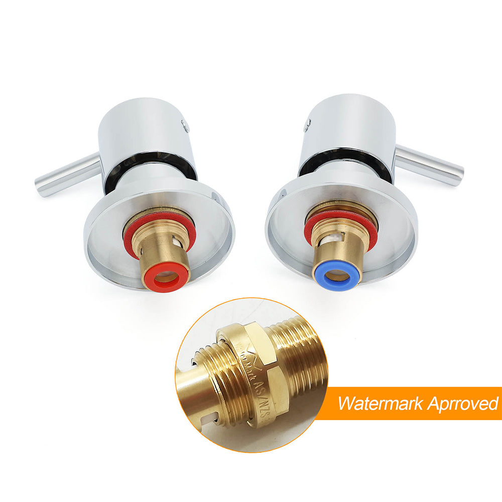 Chrome Brass 1/4 Turn Round Hot Cold Tap Pair Wall Set For Bathroom Shower Vanity Spout