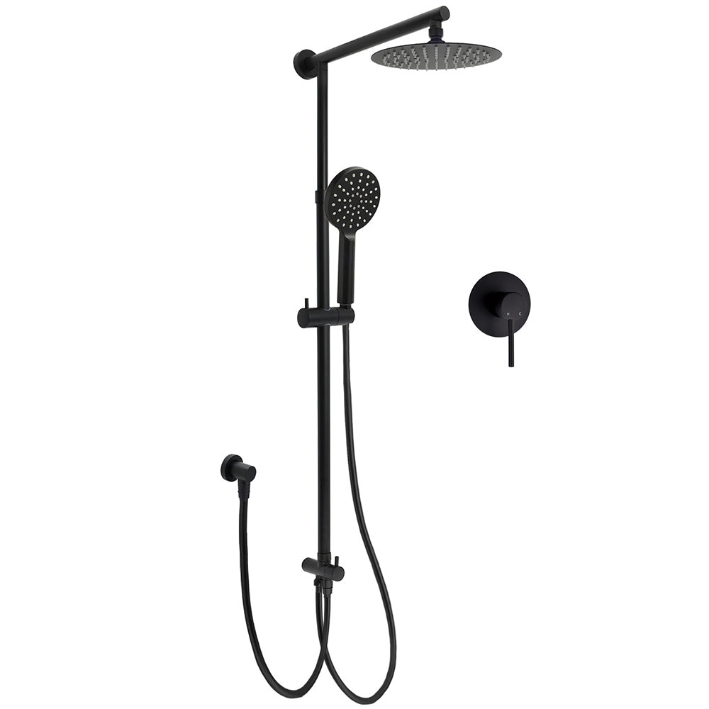 WELS Matt Black Twin Shower 8" Round Rain Head Set Sliding Rail 3 Mode Handheld + Mixer