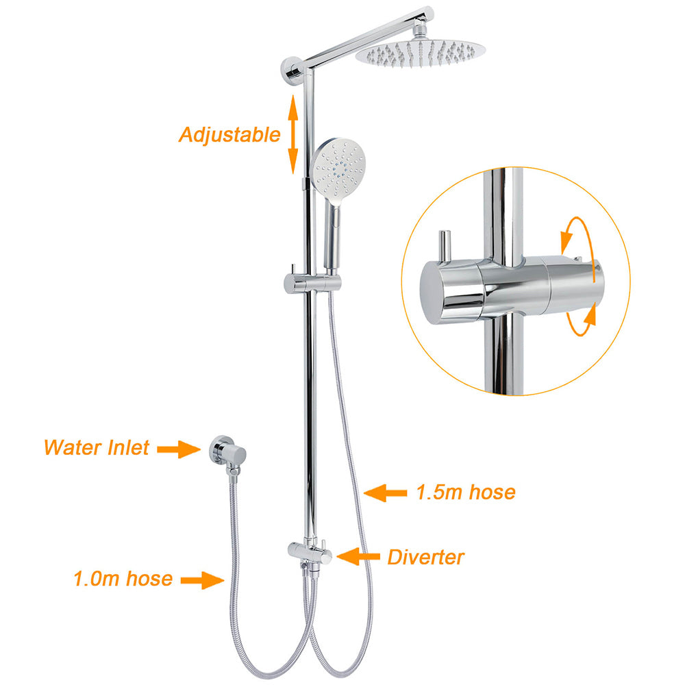 WELS Chrome Round 2in1 8" Stainless Steel Rain Head Handheld Sliding Rail Arm Shower Mixer Set