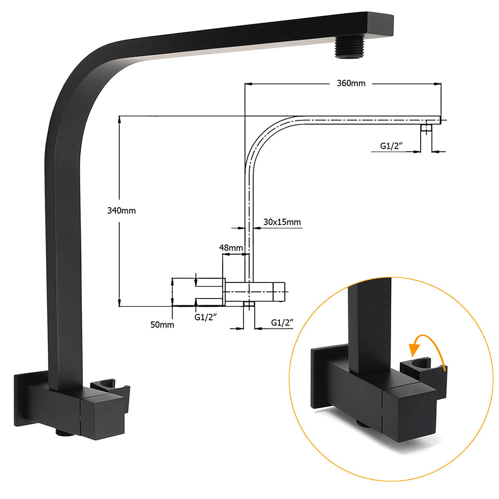 WELS Matt Black 10" Rain Shower Head 3 Mode Handheld Gooseneck Arm Diverter 2in1 Set