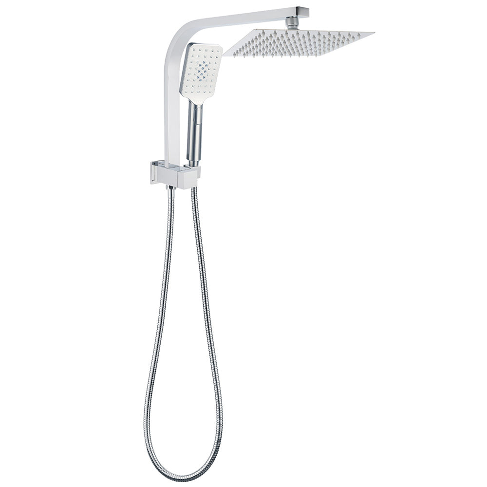 Chrome Square Twin Rain Shower 8" Head 3 Mode Handheld Diverter Wall Arm Set
