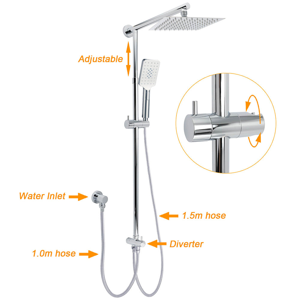 Chrome Square 8" Rain Shower Head 3 Mode Handheld Sliding Rail Arm 2 IN 1 Set Diverter