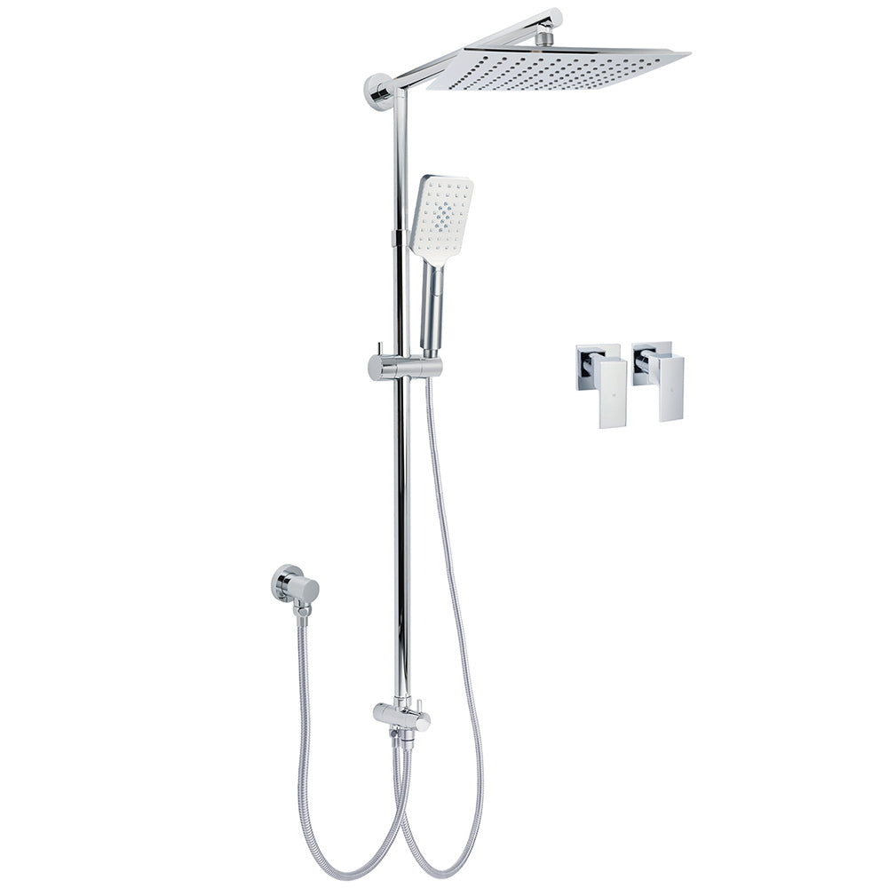 WELS Chrome Square 10" Rain Shower Head 3 Mode Handheld Sliding Rail Wall Arm Taps Set