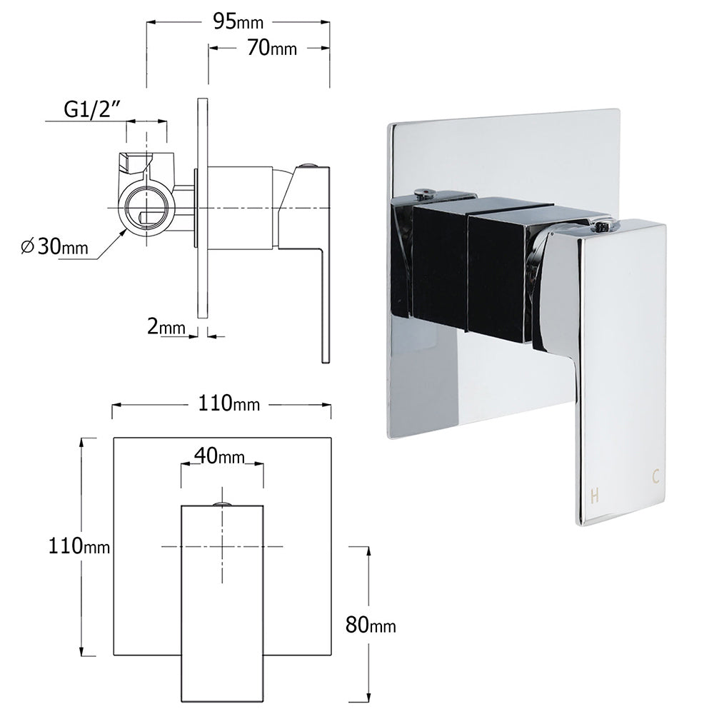 WELS Chrome Square 10" Rain Shower Head 3 Mode Handheld Sliding Rail Wall Arm With Mixer