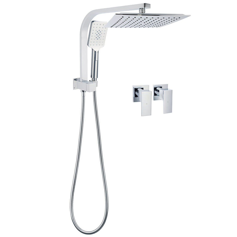 WELS Twin Square 10" Rain Shower Head 3 Mode Handheld Diverter Wall Arm Taps Valve