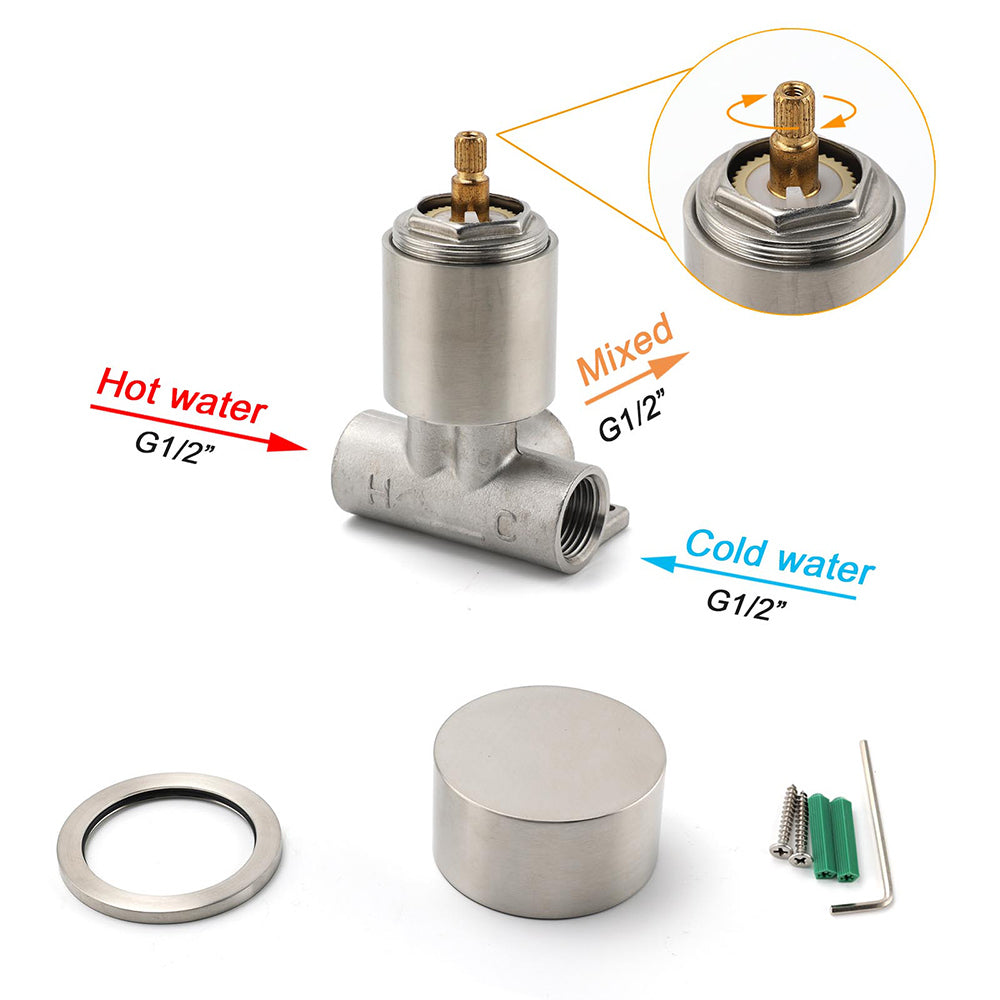 Brushed Nickel Bath Shower Mixer Round 1/4 Knob Hot Cold Tap Cartridge Spindle