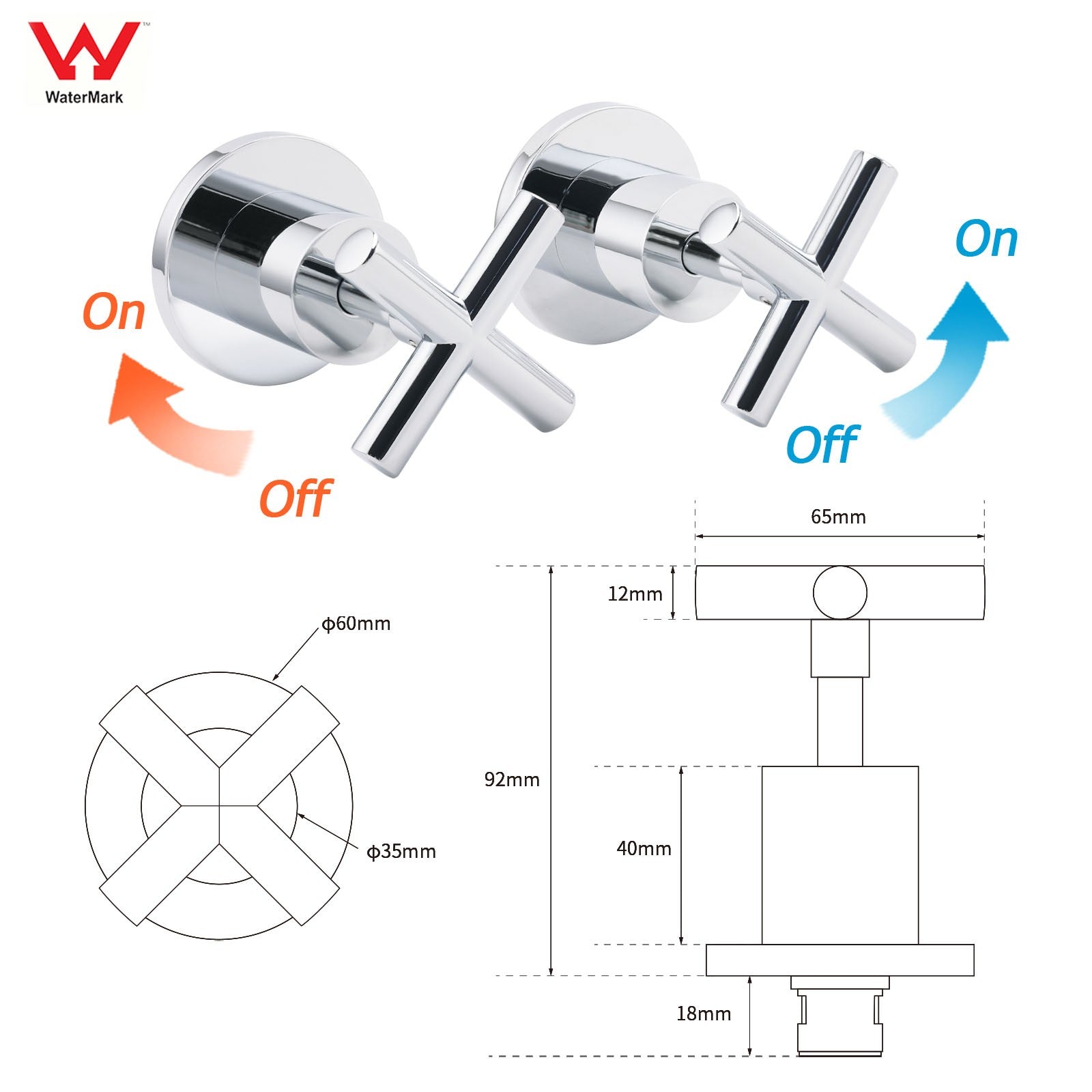 Mirror Chrome 1/4 Turn Twin Taps Hot Cold Water Control Mixer For Bath Spout Set