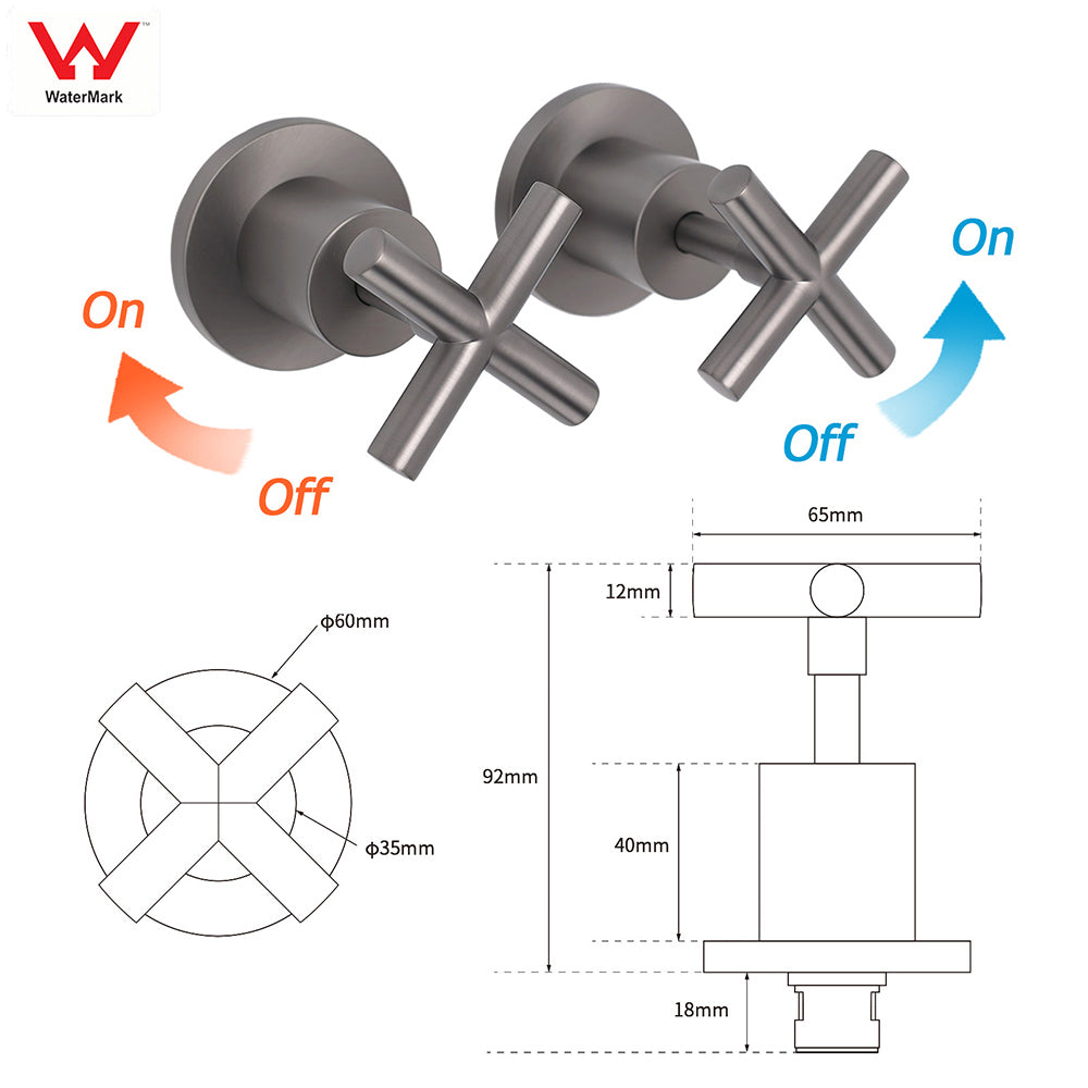 Gun Metal Shower 1/4 Turn Twin Taps Pair Bath Spout Hot Cold Water Mixer Valve