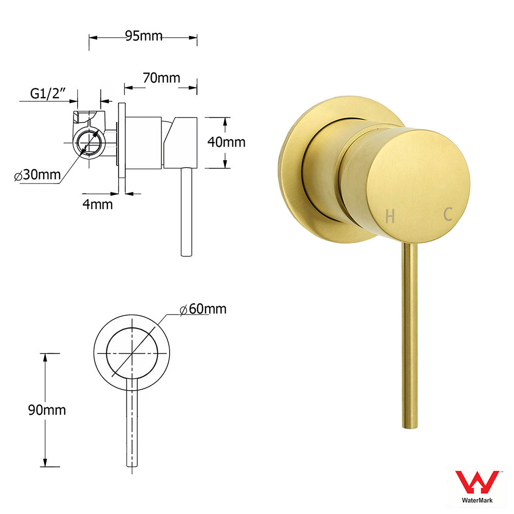 Brushed Gold Round Wall Mounted Shower Mixer Hot Cold Bath Tap Valve Cartridge