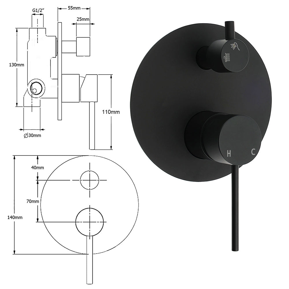 Stainless Steel Black Round Shower Mixer Diverter Lead Free Healthy For Bath Set