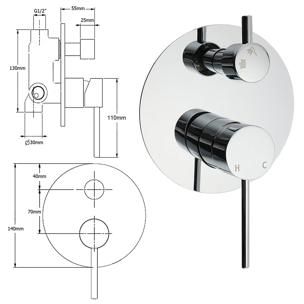 OZ Chrome Round Stainless Steel Shower Mixer 2 Way Switch Diverter For Bath Set