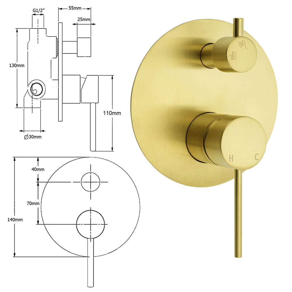 Brushed Gold Round Shower Mixer 2 Way Diverter For Bath Twin Shower Watermark