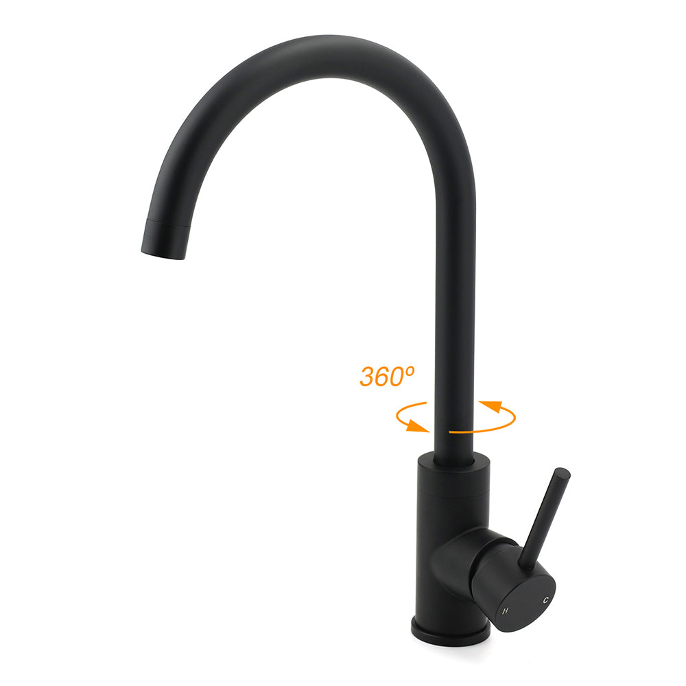 WELS Black Kitchen Sink Mixer Laundry Faucet Tapware 360° Swivel Gooseneck Spout