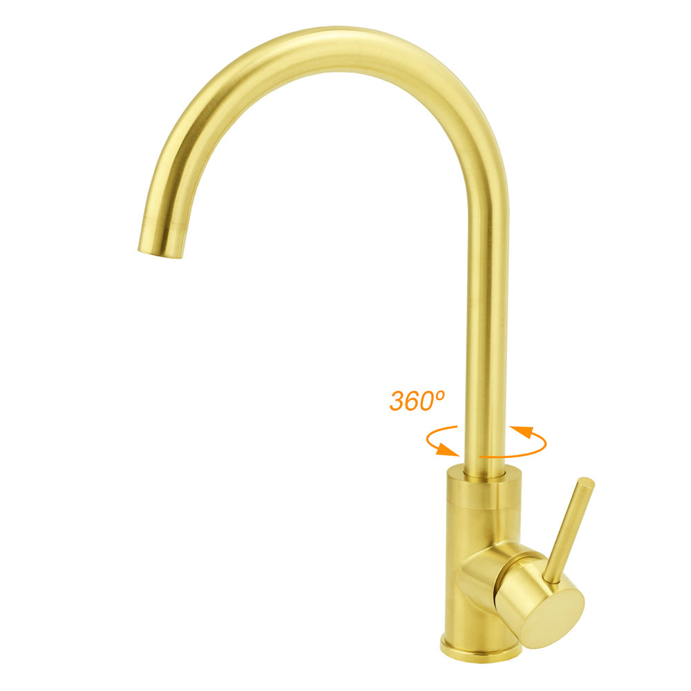 Brushed Gold Round Kitchen Mixer Sink Tap 360° Swivel Laundry Basin Faucet Spout
