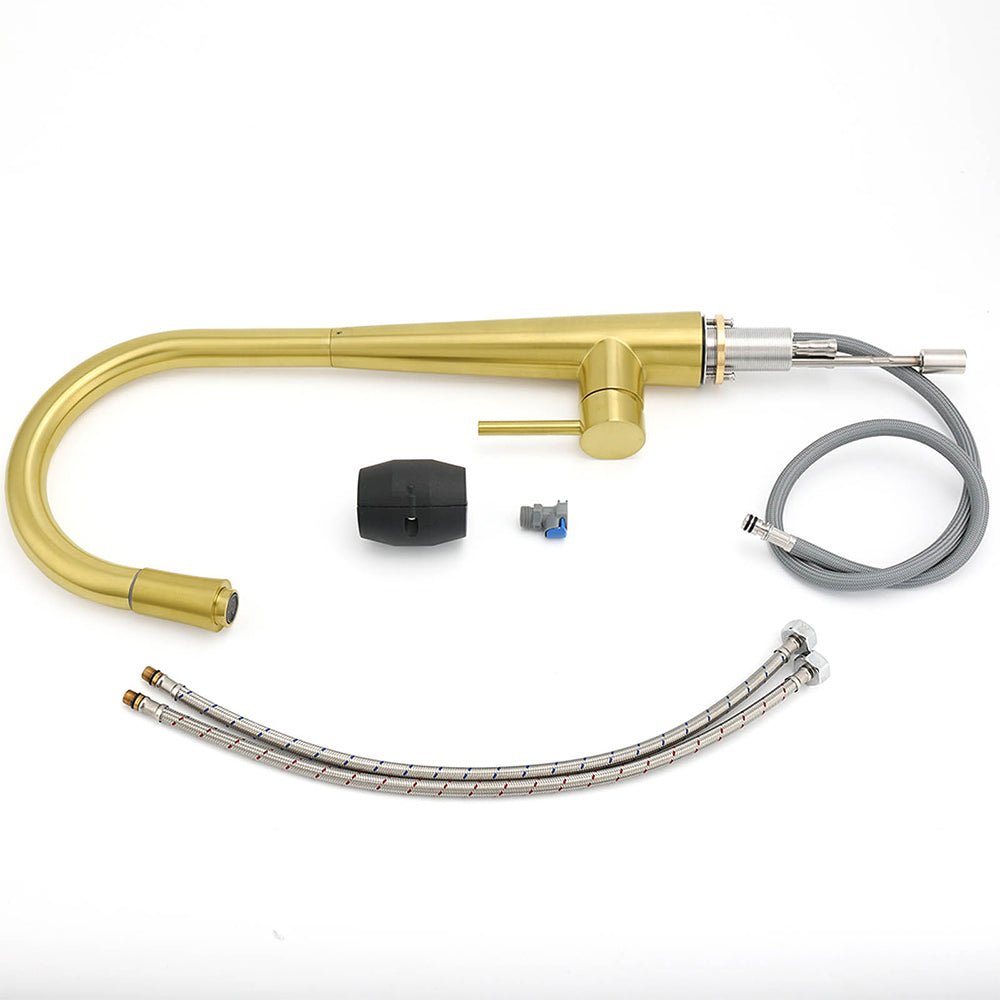Round Brushed Gold Pull Out Kitchen Sink Tap Basin Mixer Faucet Flexible Spout