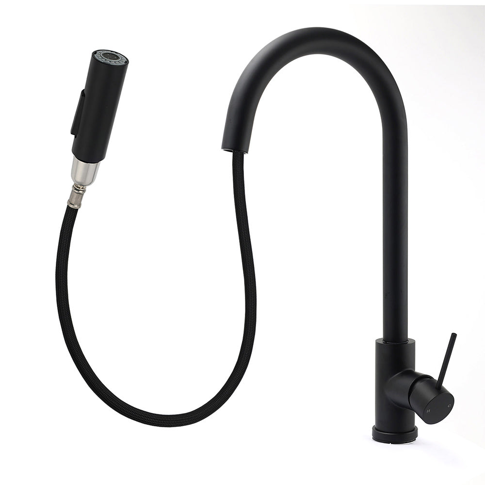 Matt Black Round Pull Out Down Kitchen Sink Tap Laundry Basin Mixer 2 Way Spout
