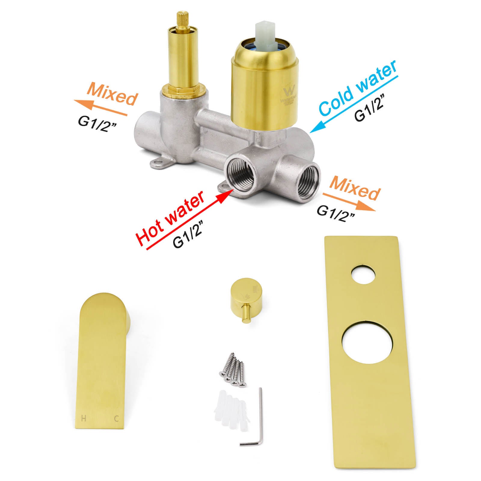 Brushed Gold Bathroom Square Concealed Shower Mixer Diverter Switch Wall Mounnt