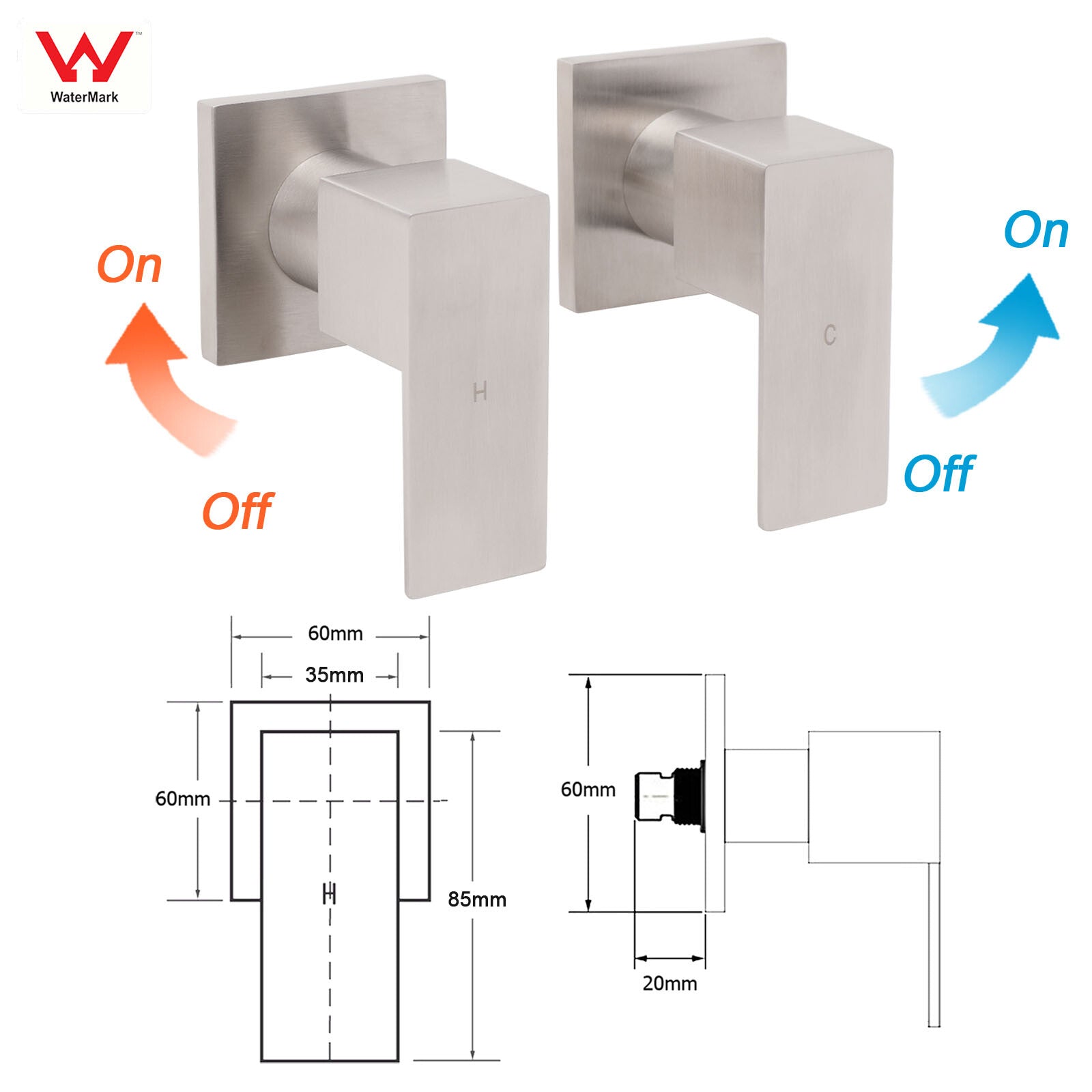 Brushed Nickel Square 1/4 Turn Wall Mounted Twin Taps For Shower Bath Spout Set