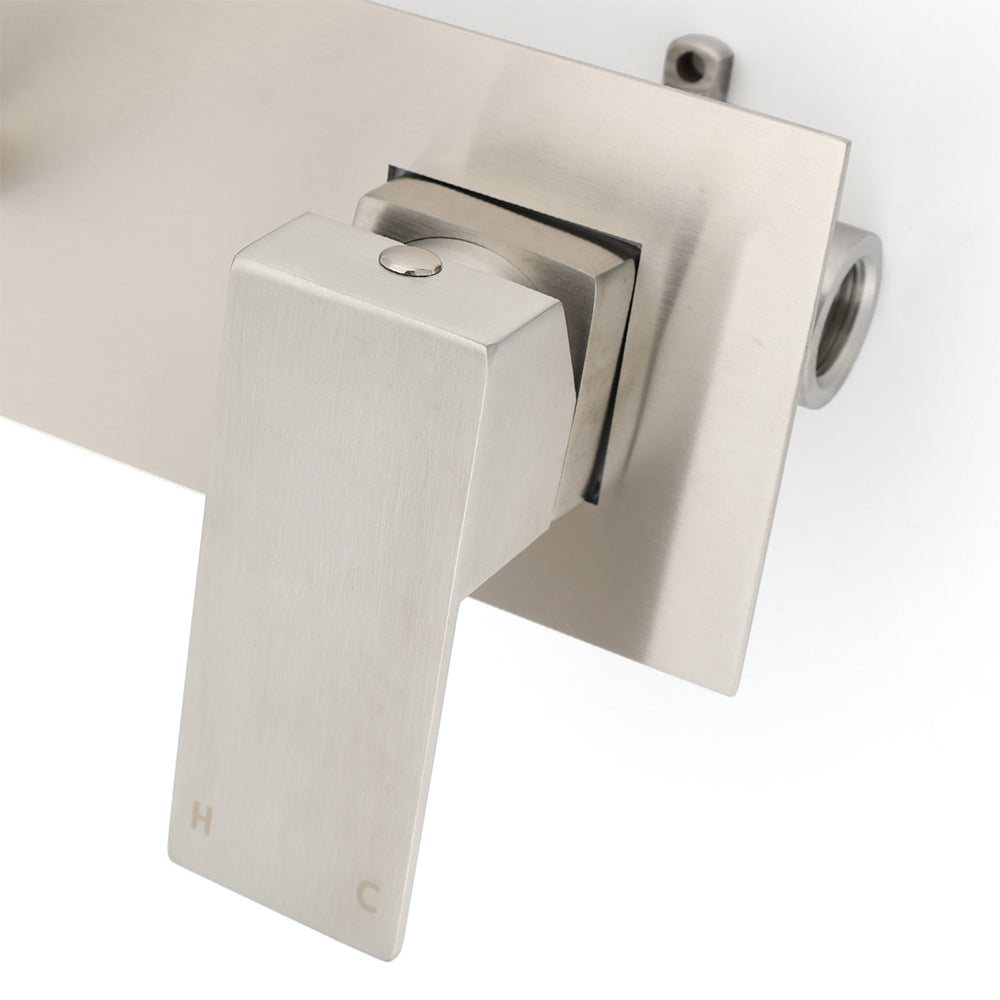 Brushed Nickel Square Wall Mount Basin Mixer Laundry Vanity Tap Spout Faucet Set