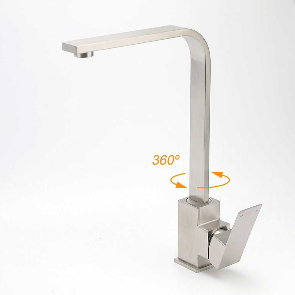WELS Square Kitchen Sink Laundry Mixer 360º Swivel Faucet Tap Set Brushed Nickel