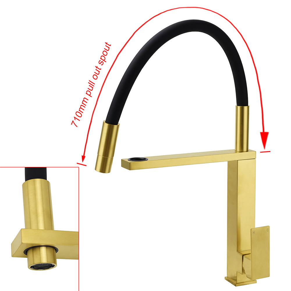 Brushed Gold Tall Kitchen Sink Basin Mixer Swivel Faucet Tap Pull Out Spout Head