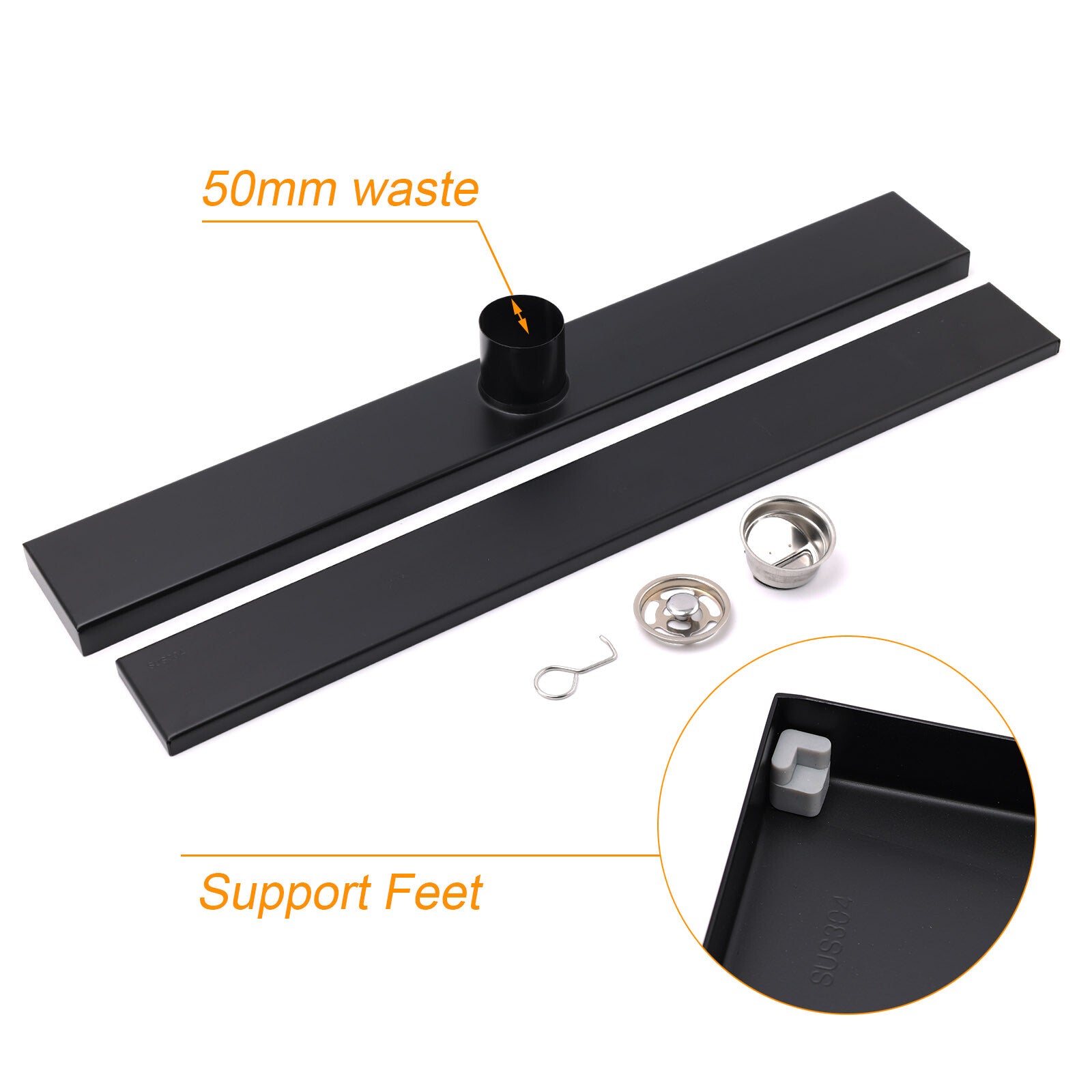 Matt Black 600mm Tile Insert Linear Shower Grate Floor Drain 50mm Waste Outlet