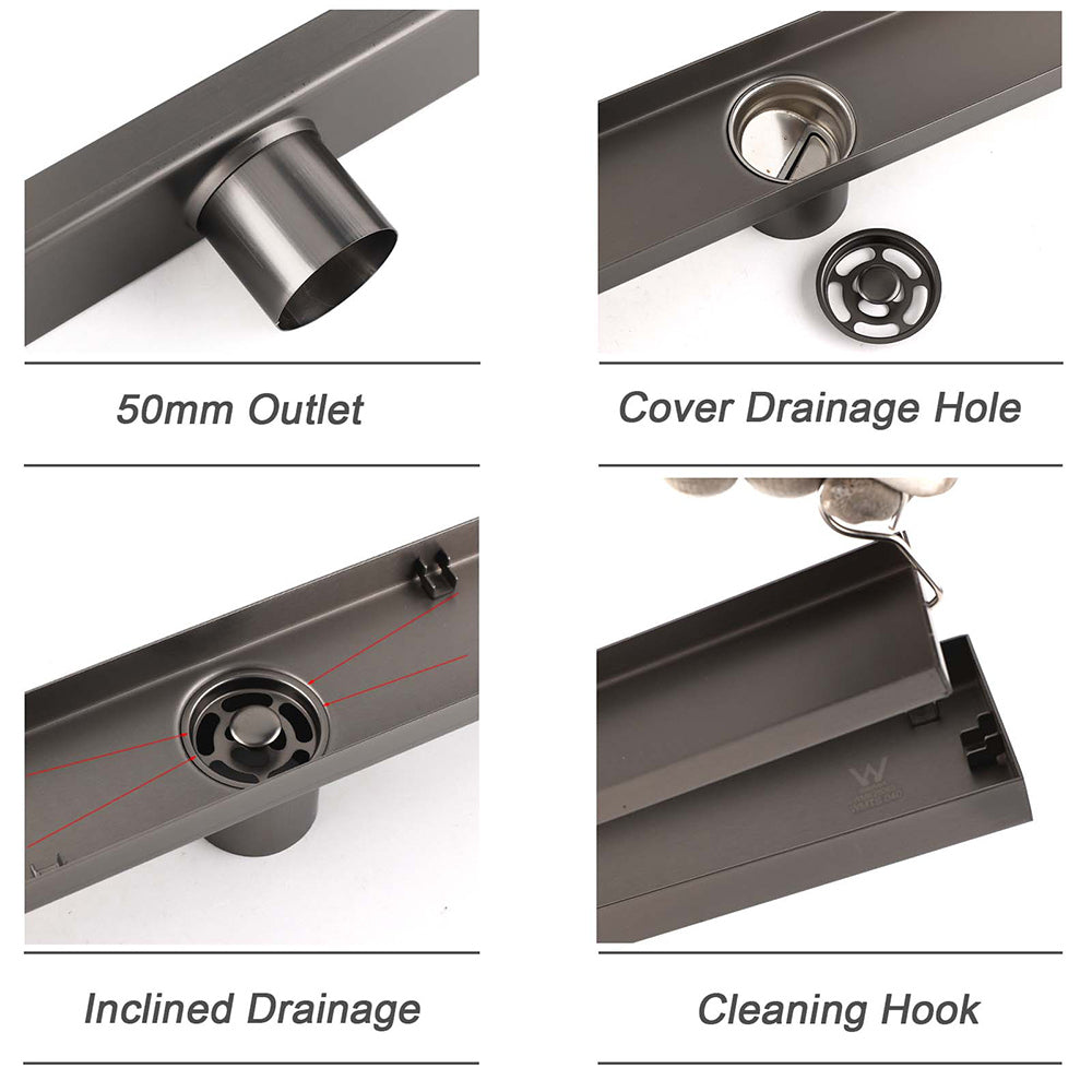 Gun Metal Tile Insert 600mm Linear Shower Grate Floor Drain 50mm Waste Outlet