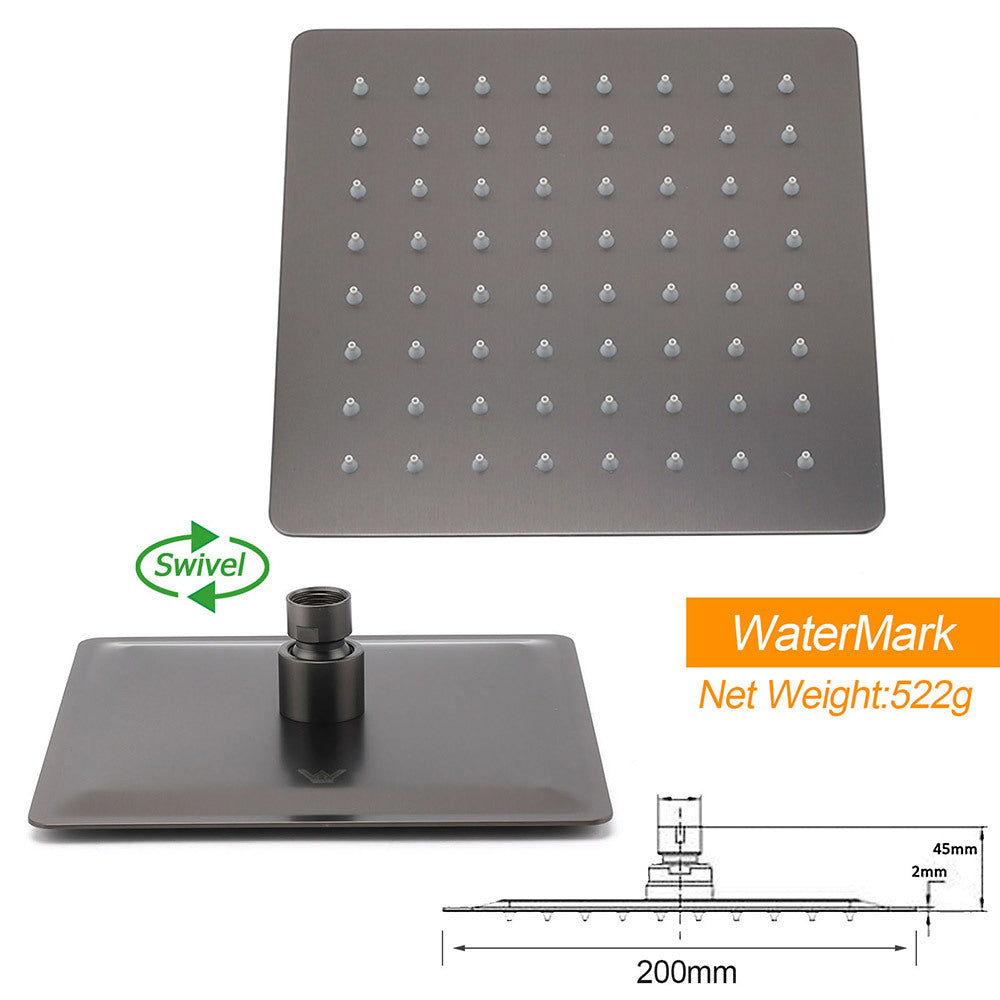 Gun Metal 8" Square Large Rainfall Shower Head 400mm Straight Wall Mounted Arm Set